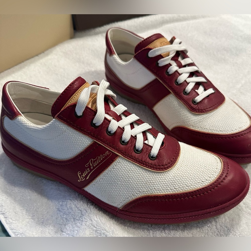 Louis Vuitton Men’s Burgundy & White Leather Canvas Sneakers – Size 11
